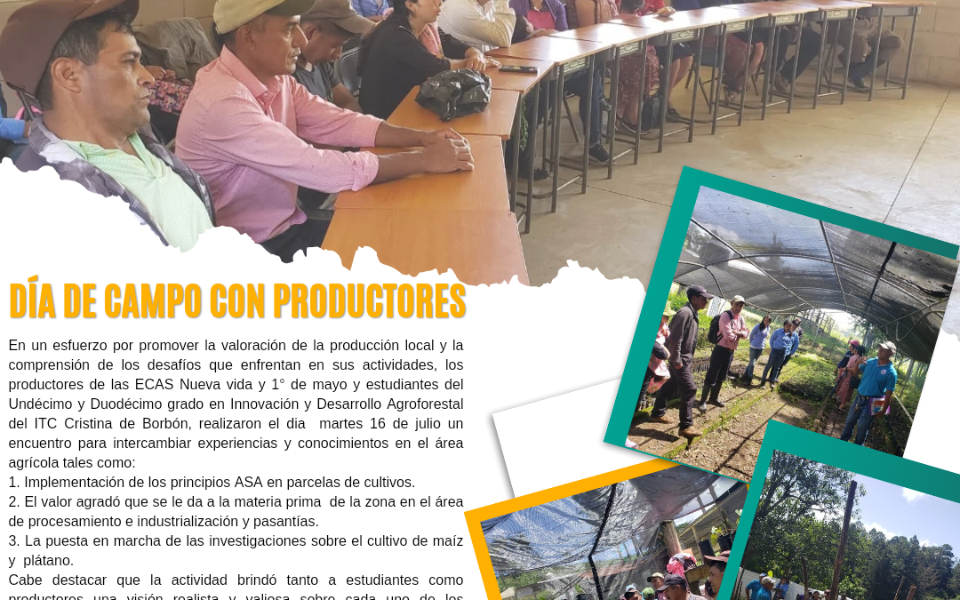 Jóvenes estudiantes del ITC Cristina de Borbón de la comunidad de Zacate Blanco, Yarula reciben en la finca modelo en un día de campo a productores de la zona para intercambiar experiencias en la implementación de los principios ASA